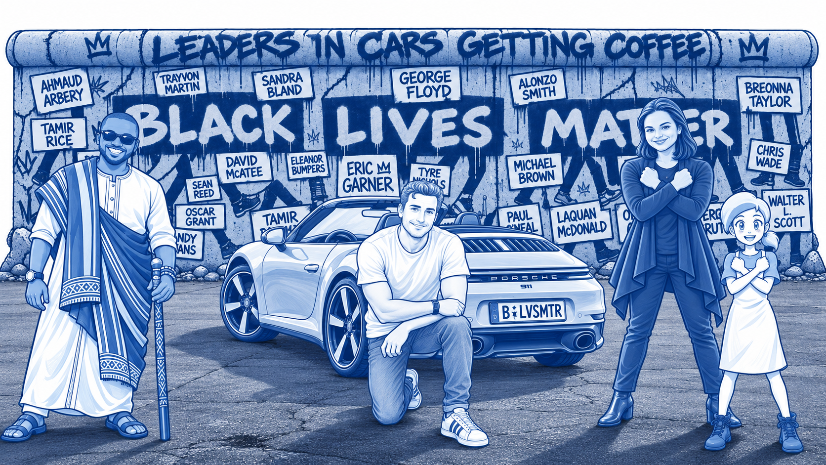 Tonny Kwanga, the host kneeling by a Porsche 911, Suzanne Kapinga and a child in front of a Black Lives Matter mural wall.