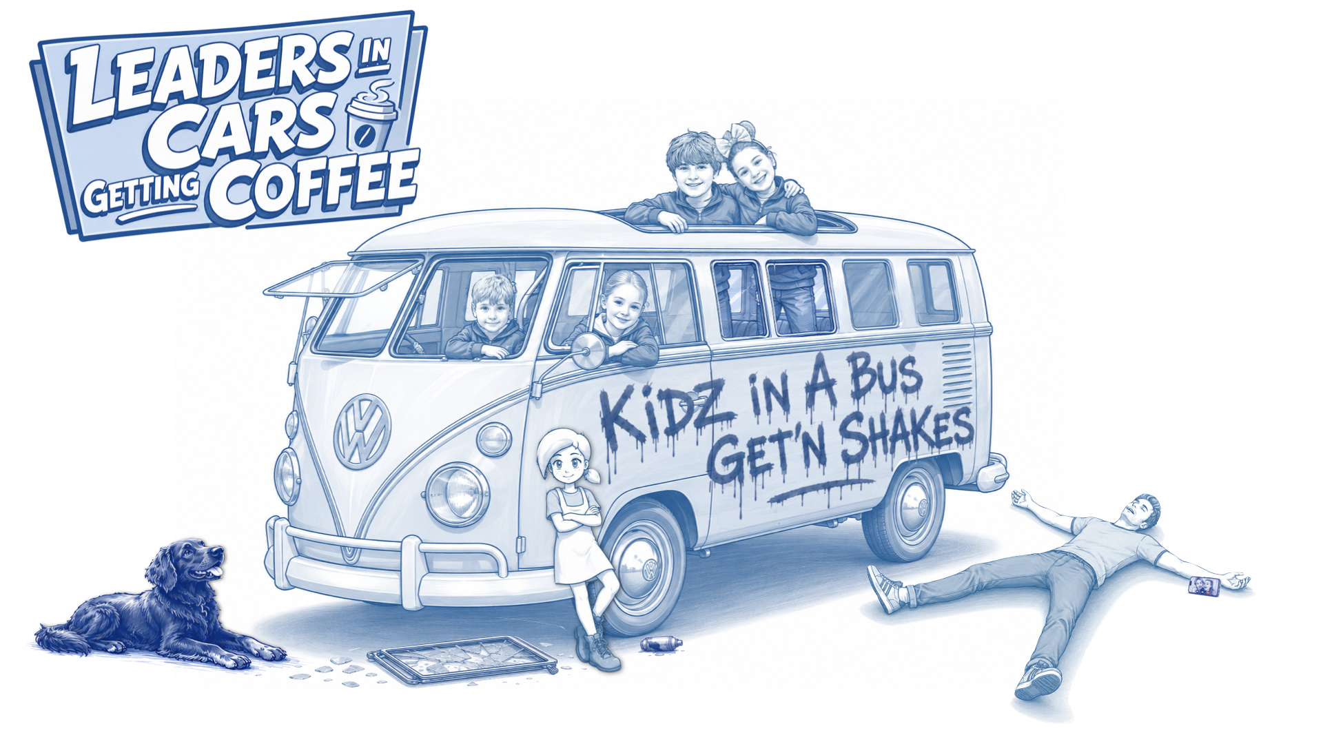 Six kids in a VW bus painted 'Kidz in a Bus Get'n Shakes', a dog lying beside it and the host sprawled on the road.