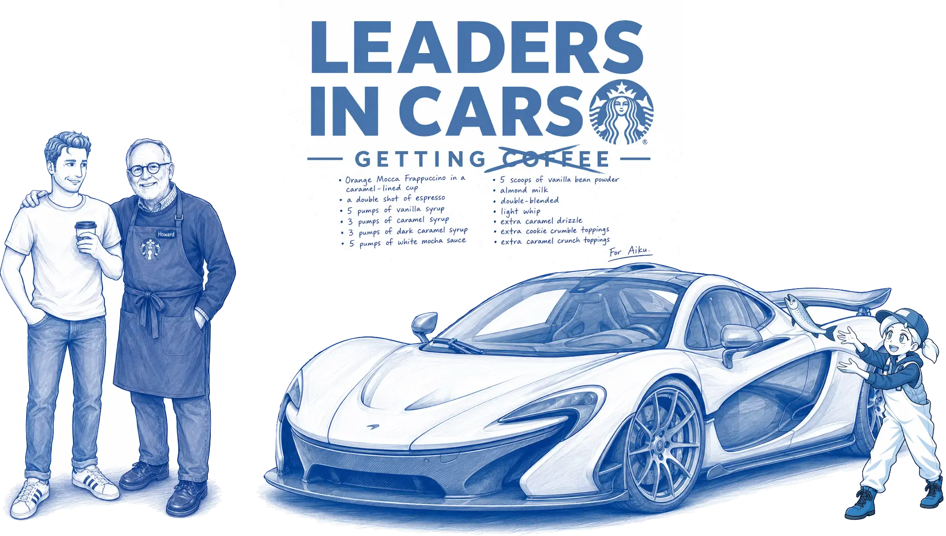 Howard Behar in a Starbucks apron beside the host and a McLaren supercar.