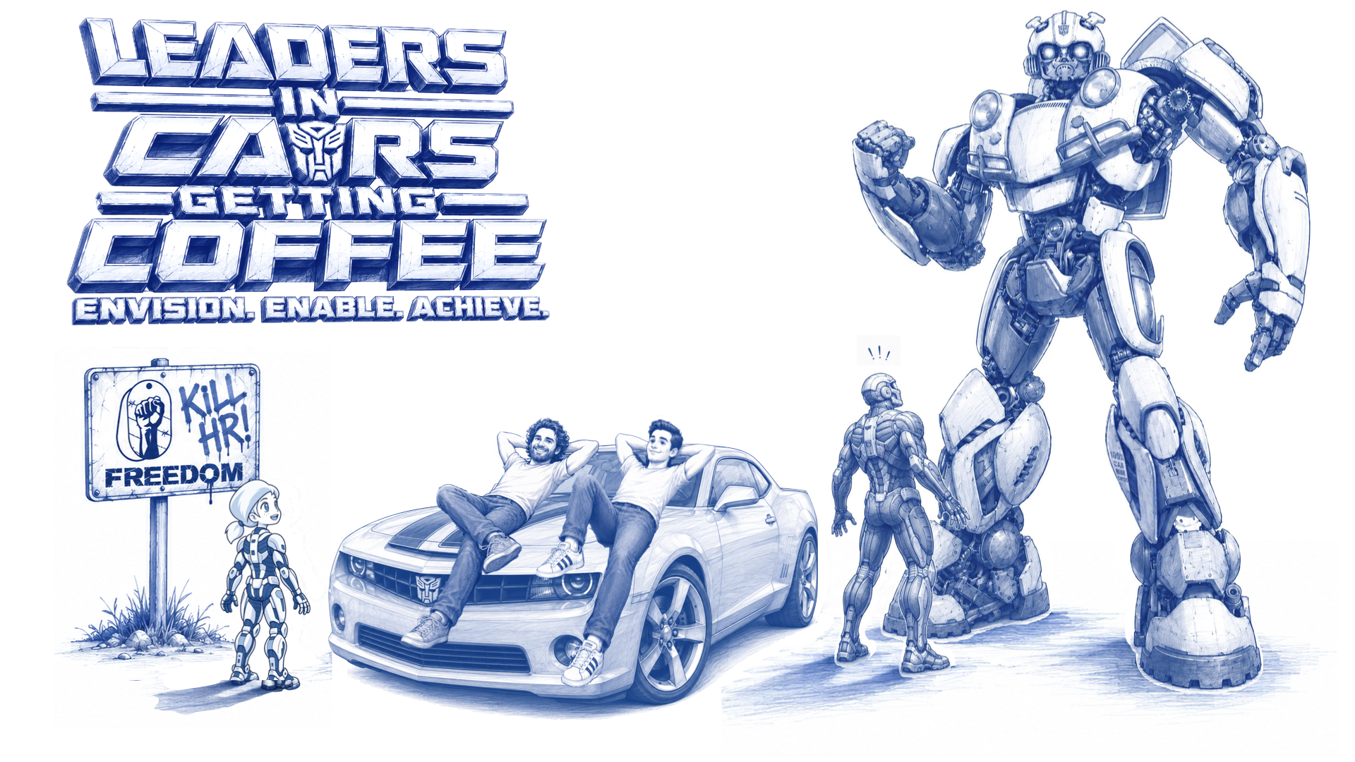 Cortney Endecott and the host lounging on a Camaro beside a giant Transformers robot, a child in a robot suit looking on.