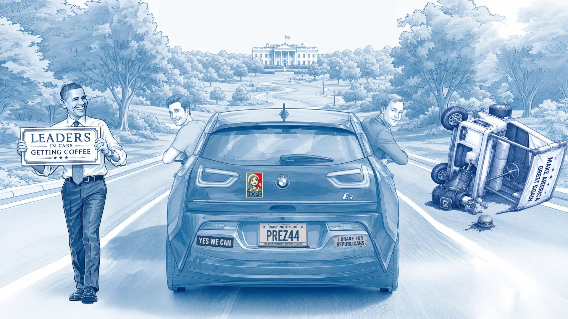 Obama holding a Leaders in Cars Getting Coffee sign beside a BMW i3 with the host and Julius van de Laar, the White House in the distance.