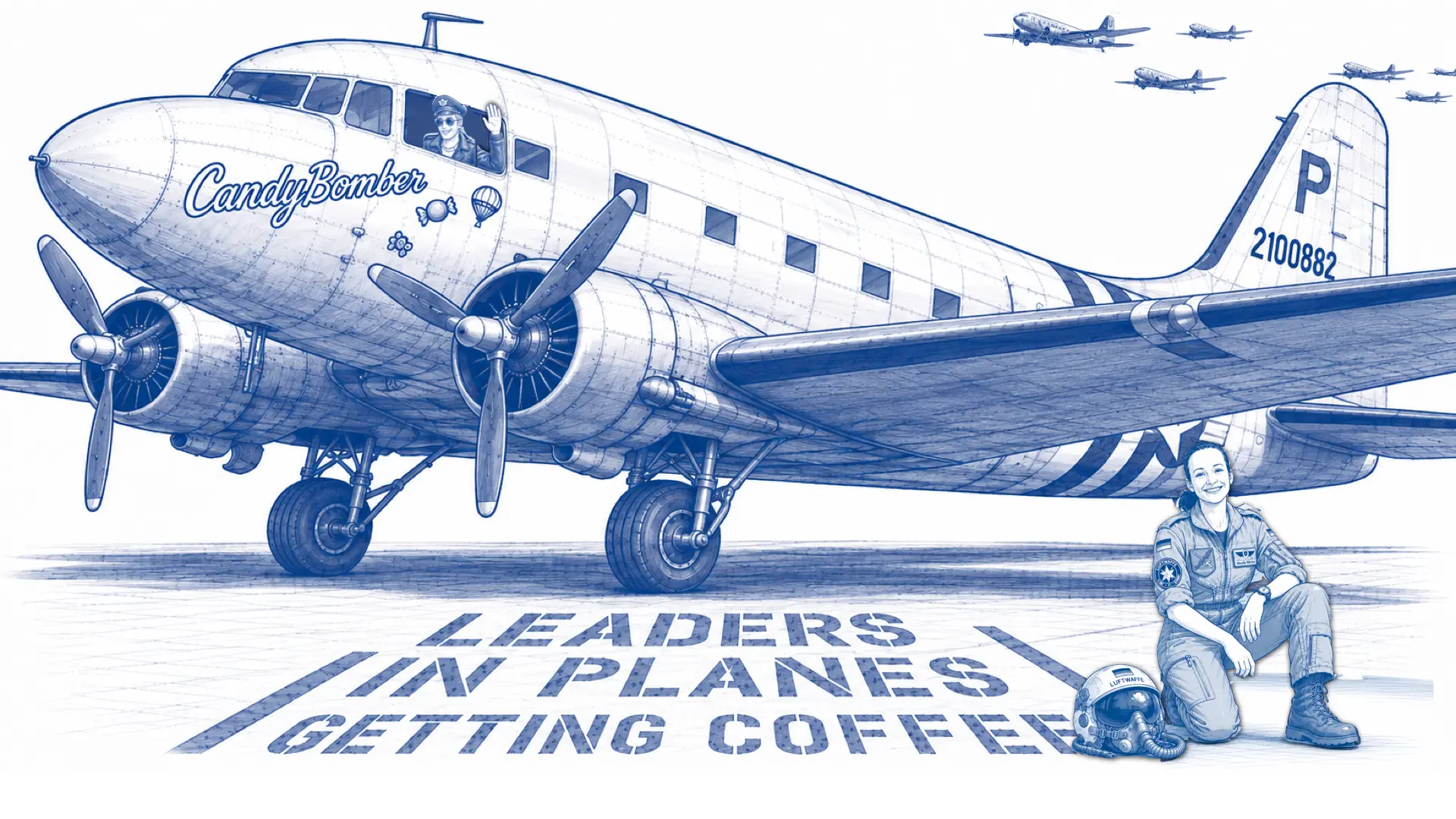 Nicola Winter in a flight suit kneeling beside her helmet in front of the Candy Bomber DC-3, the host waving from the cockpit, 'Leaders in Planes Getting Coffee' painted on the tarmac.
