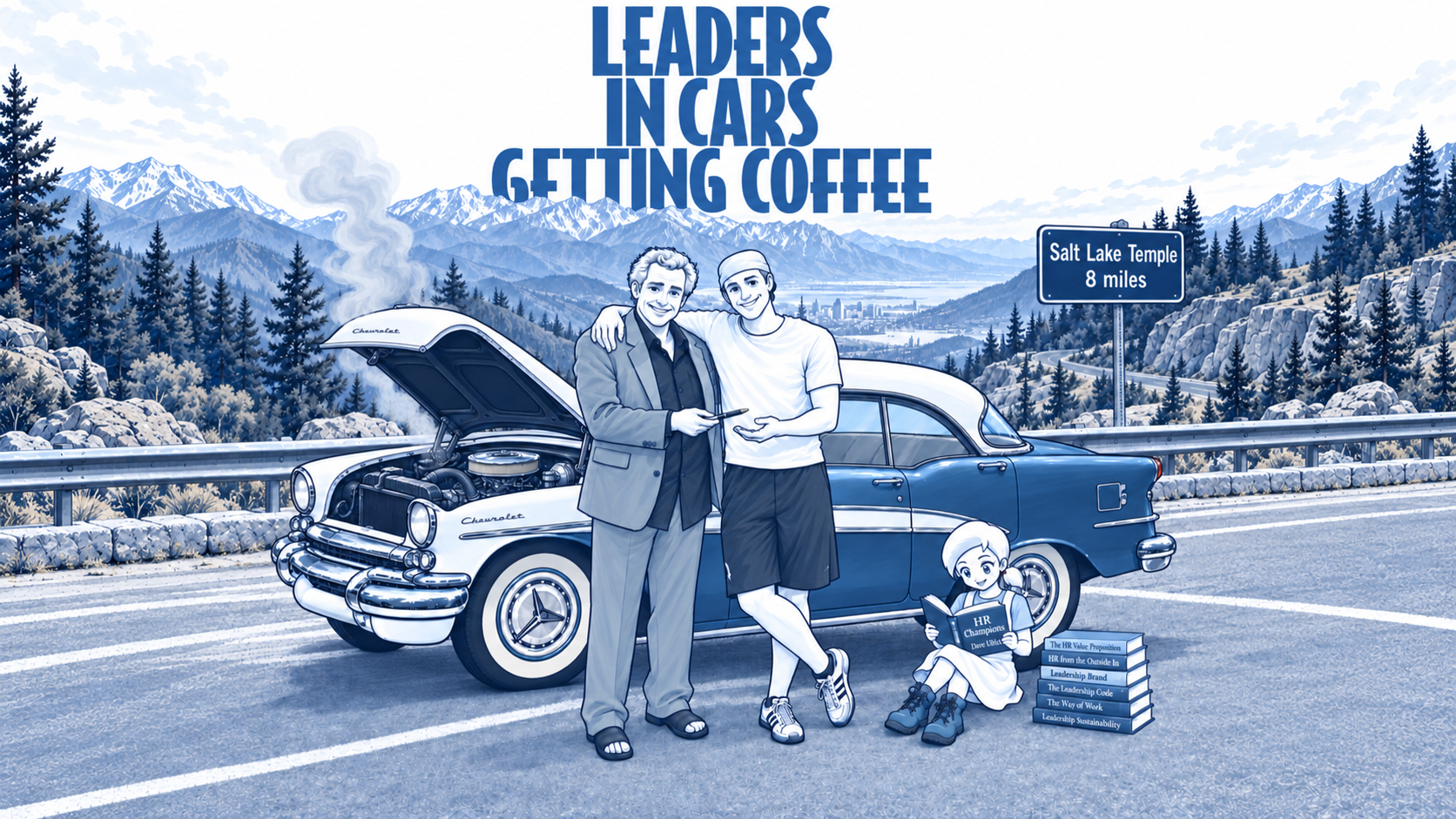 Dave Ulrich and the host beside a steaming classic Chevrolet near Salt Lake City, a child reading HR Champions.