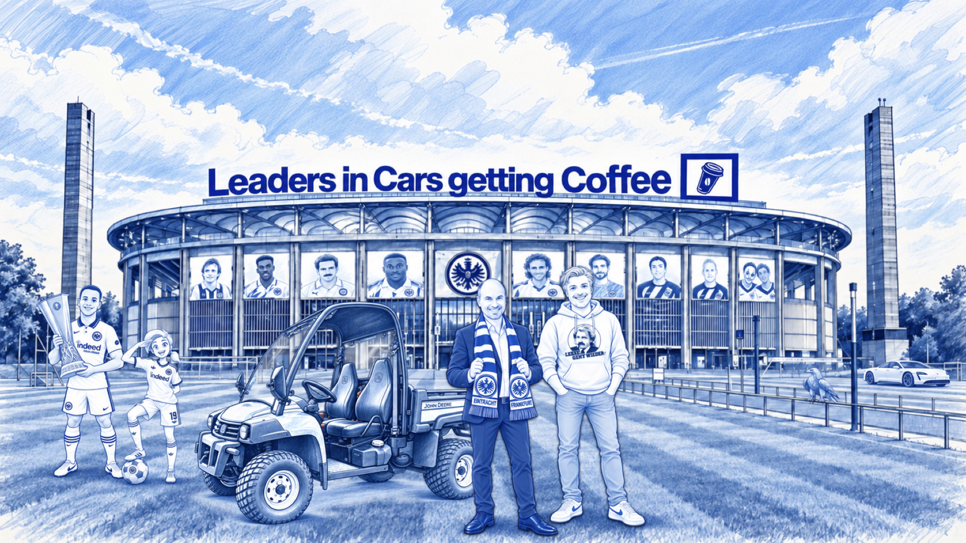 Marcus Bingenheimer in an Eintracht Frankfurt scarf beside the host and a John Deere Gator outside the Frankfurt stadium, kids holding the Europa League trophy.