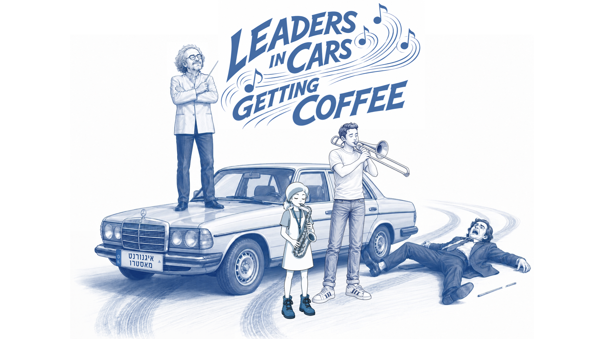 Itay Talgam conducting atop a classic Mercedes while kids play saxophone and trombone and the host lies on the road.
