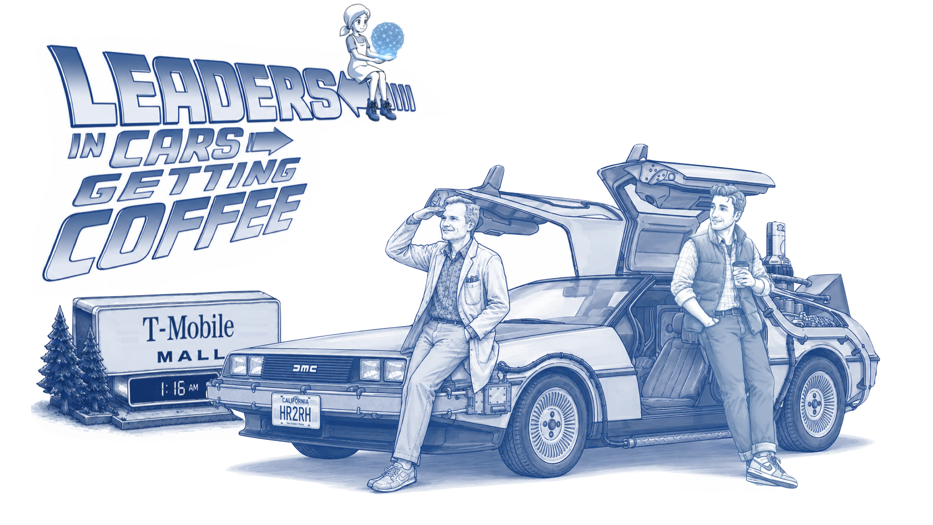 Mark Klein and the host leaning on a DeLorean outside the T-Mobile Mall, a child holding a glowing network globe.