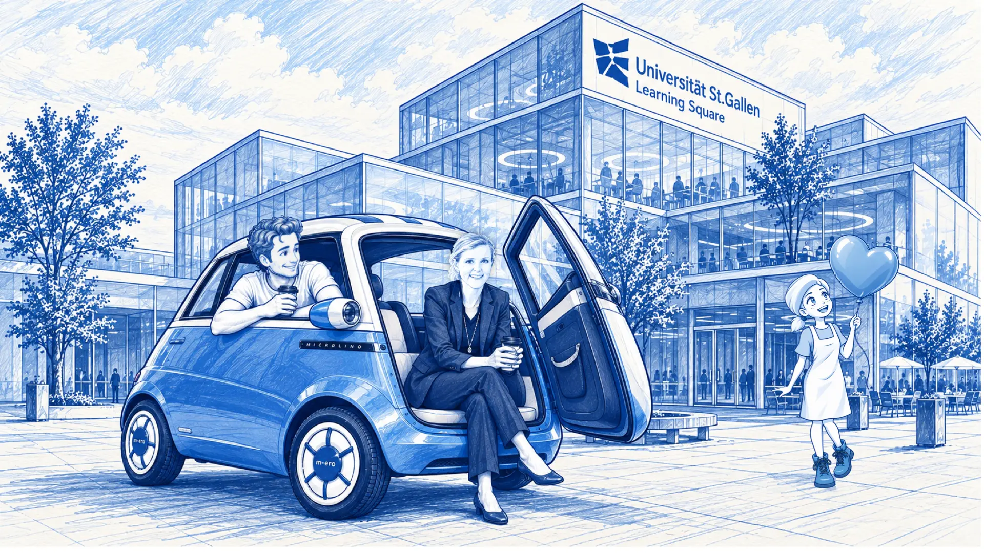 Heike Bruch sitting in a Microlino with the host outside the Universität St.Gallen Learning Square, a child holding a heart balloon.