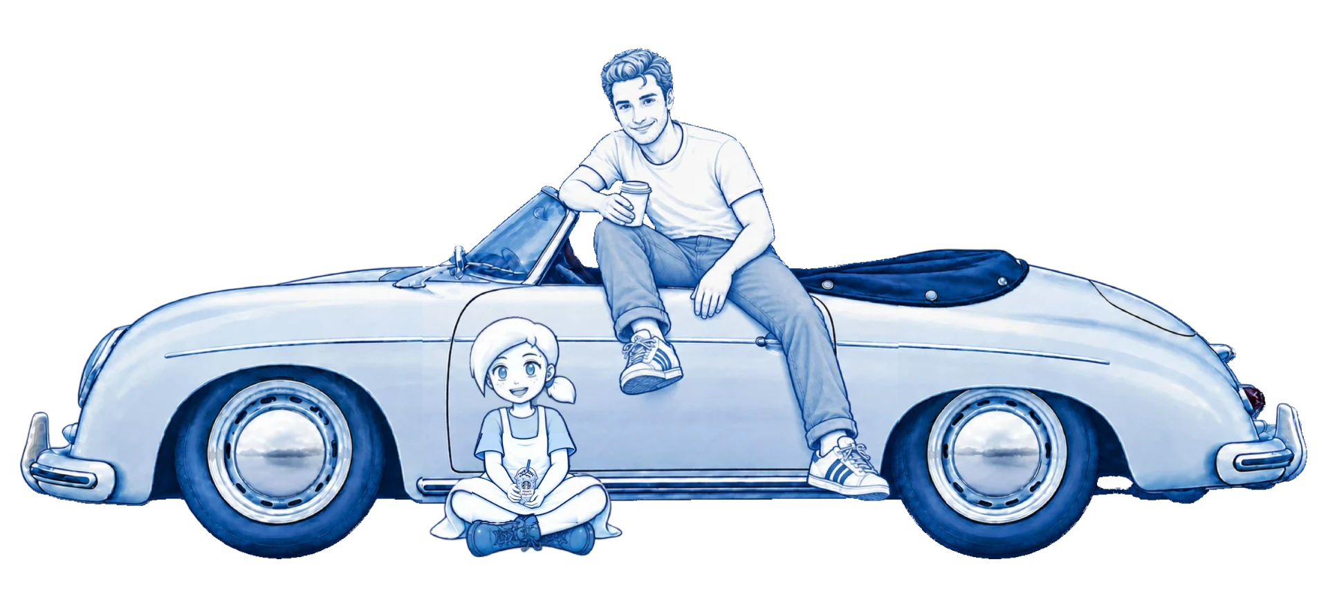 The host with a coffee on a vintage Porsche Speedster, a child sitting beside it.