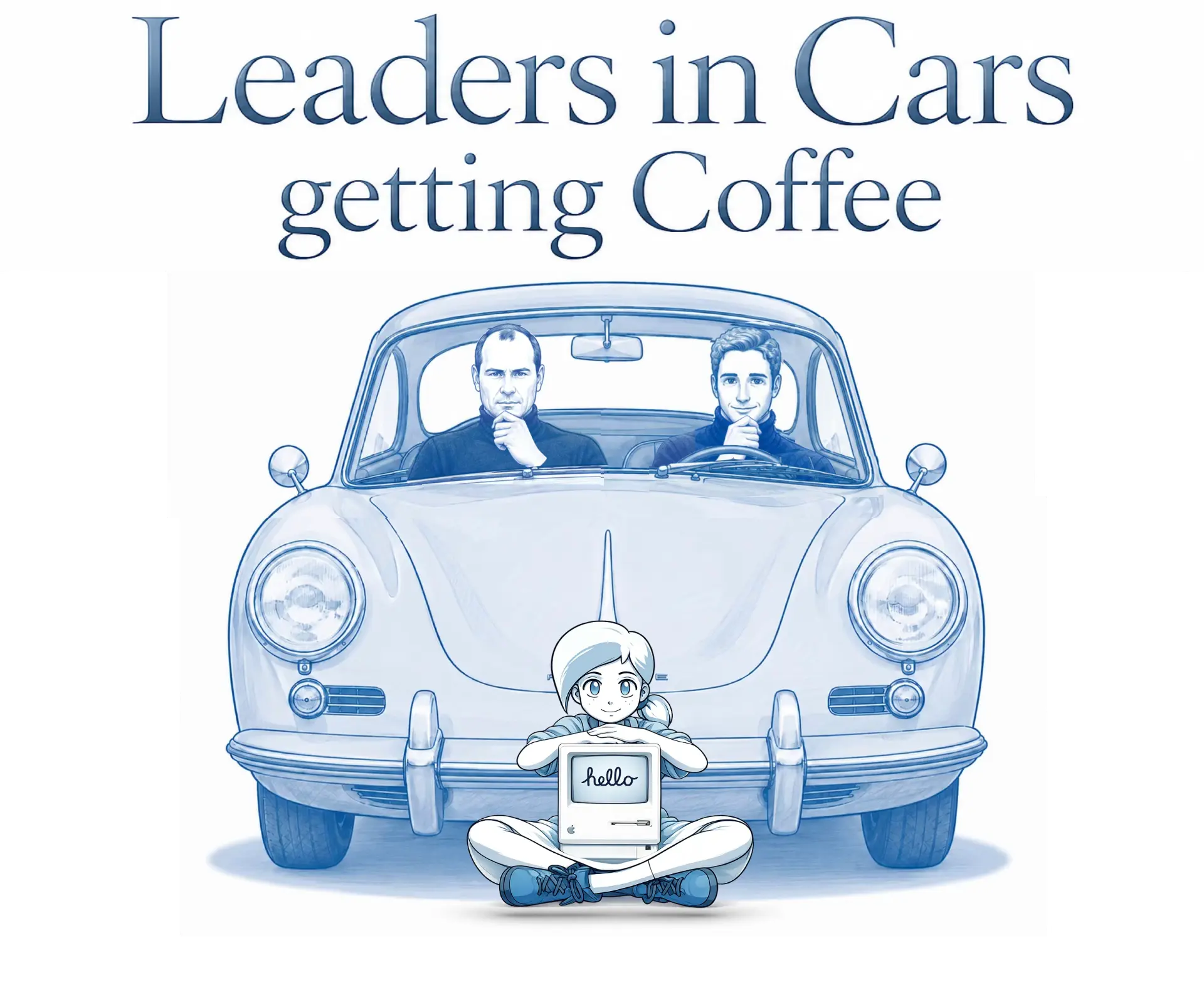Dan Walker and the host in a classic Porsche, a child holding a Macintosh saying hello.