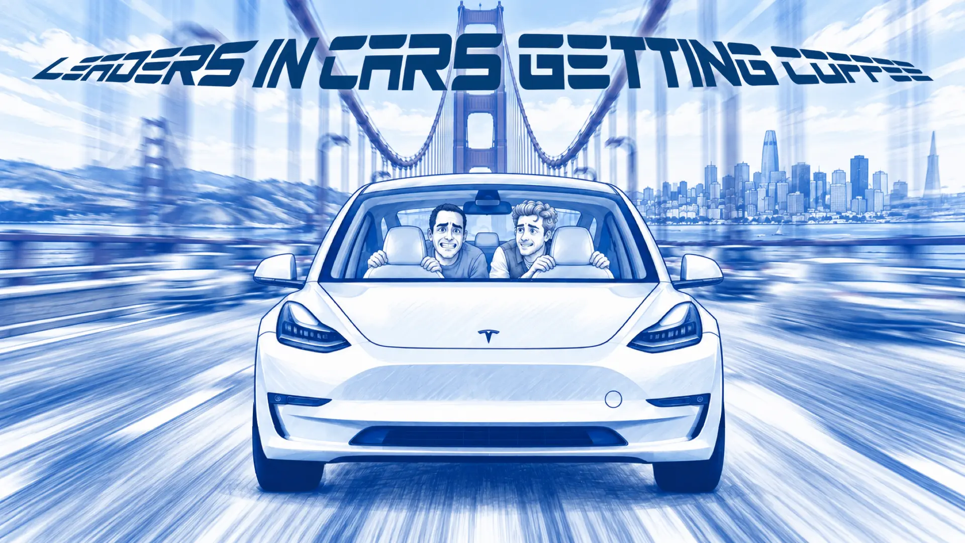 Ori Brafman and the host racing a white Tesla across the Golden Gate Bridge, the San Francisco skyline behind.