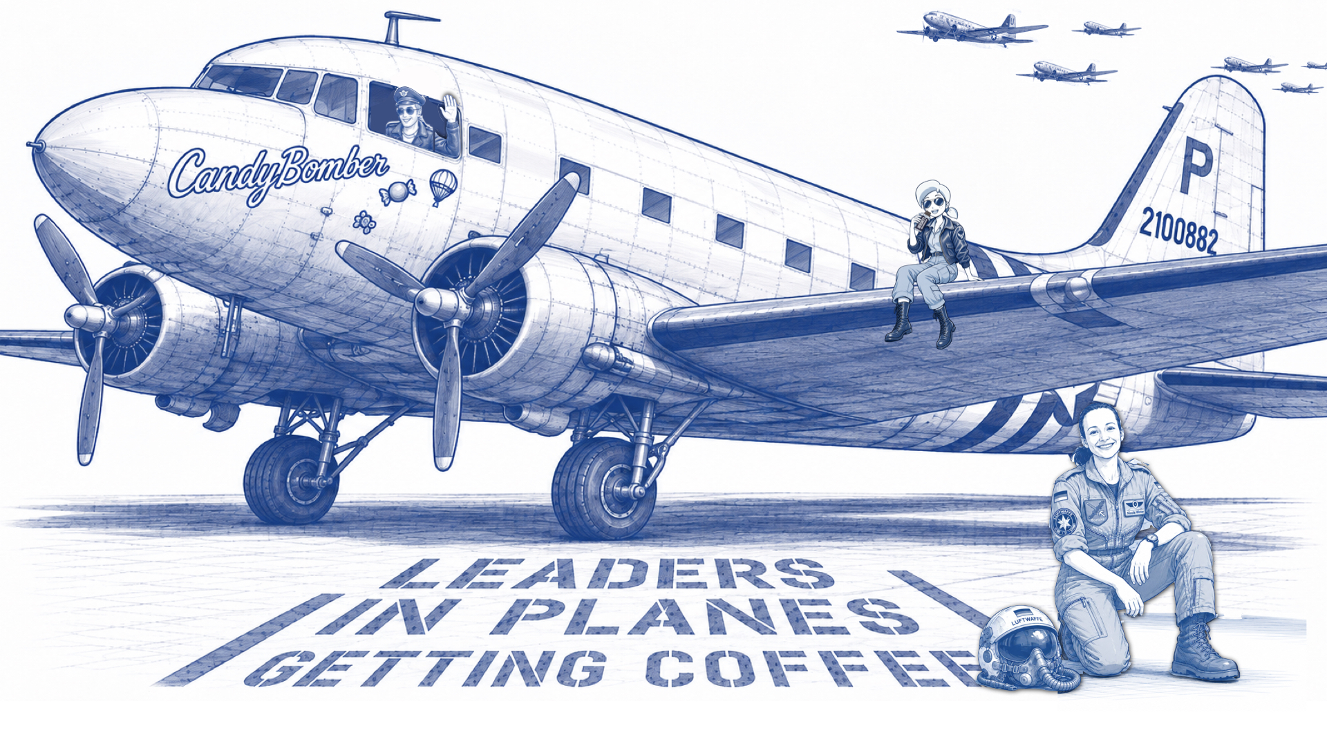Nicola Winter in a flight suit kneeling beside her helmet in front of the Candy Bomber DC-3, the host waving from the cockpit, 'Leaders in Planes Getting Coffee' painted on the tarmac.