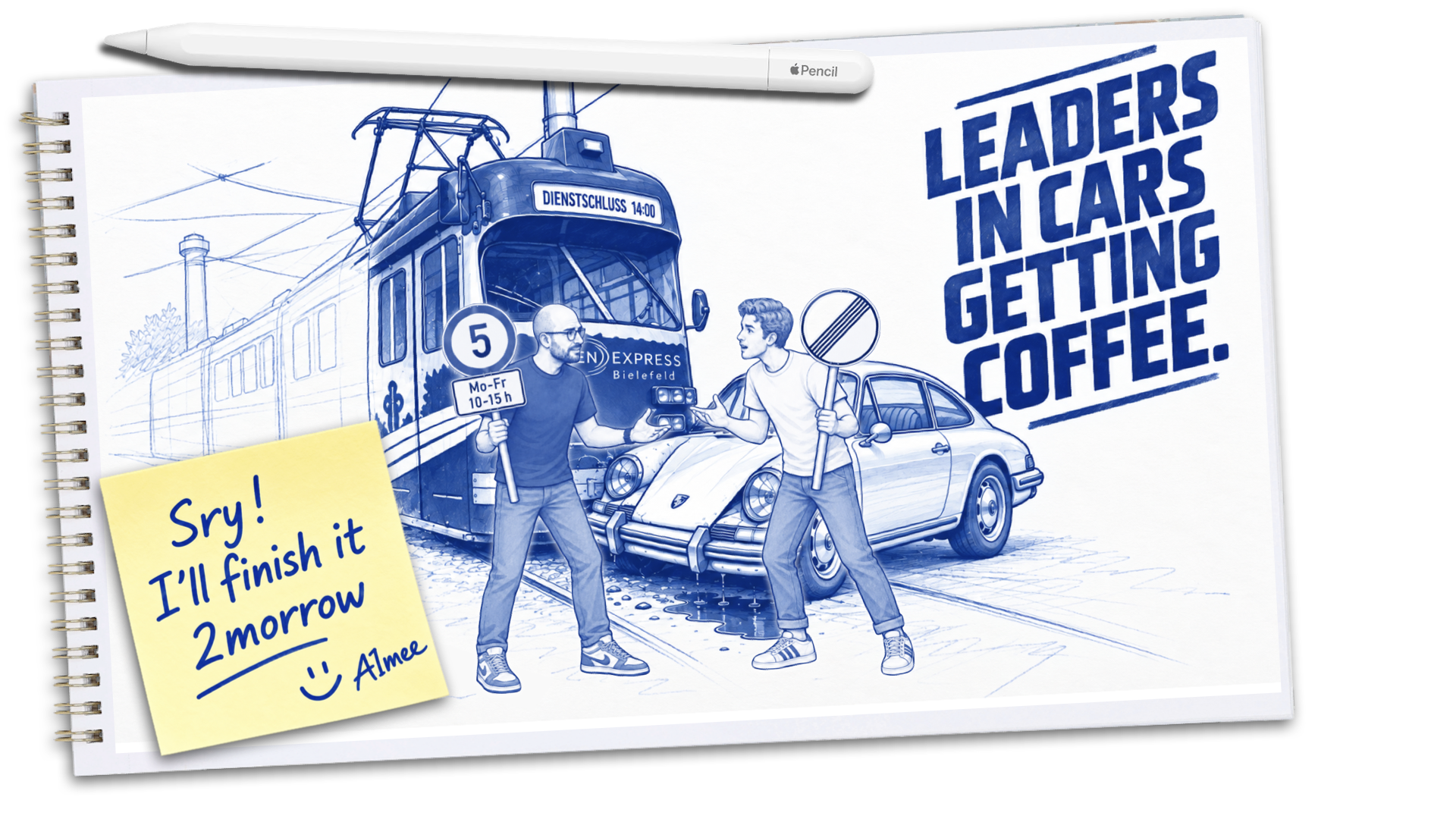 Lasse Rheingans and the host holding traffic signs between a Bielefeld tram and a white Porsche 911, a sticky note reading 'Sry! I'll finish it 2morrow'.