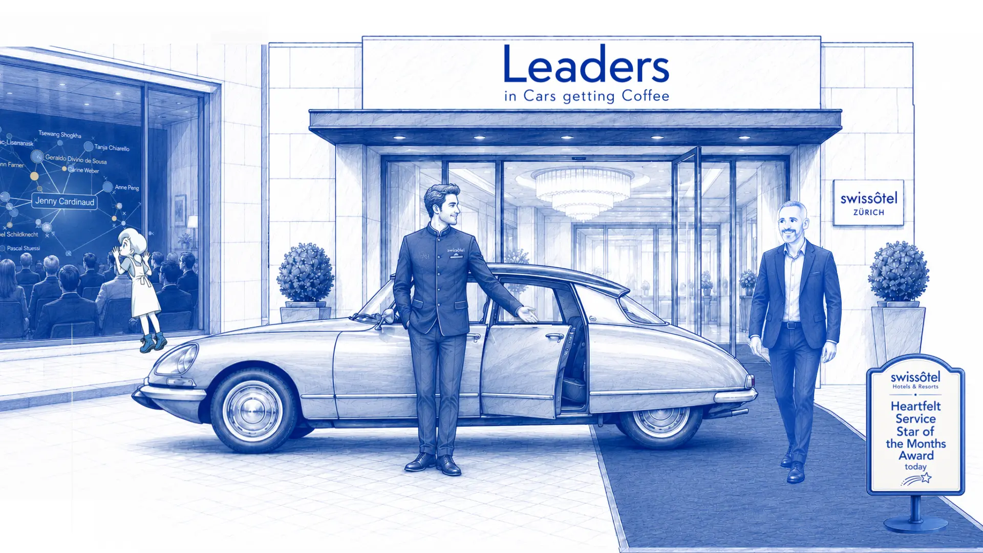 Pierre Botteron arriving at the Swissôtel Zürich entrance where a receptionist opens the door of a classic Citroën DS, a child peeking through a window.