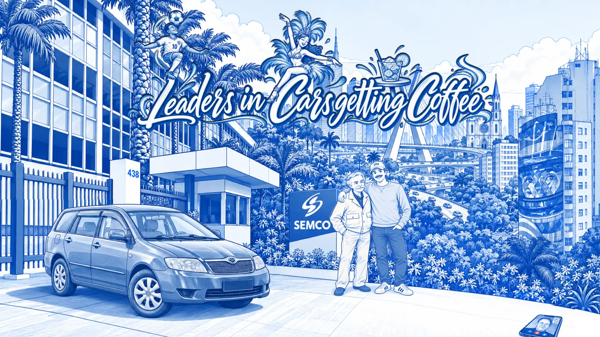 Clovis Bojikian and the host by the SEMCO sign in São Paulo beside a silver station wagon, palm trees and the city skyline behind.