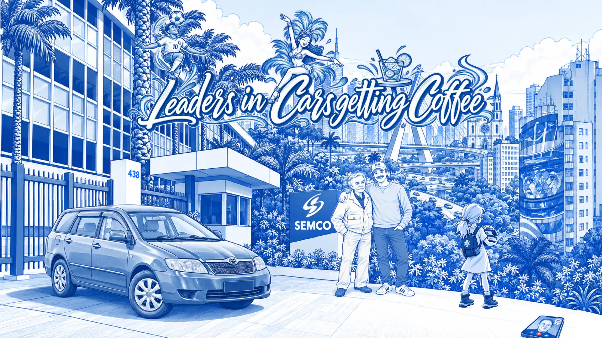Clovis Bojikian and the host by the SEMCO sign in São Paulo beside a silver station wagon, palm trees and the city skyline behind.