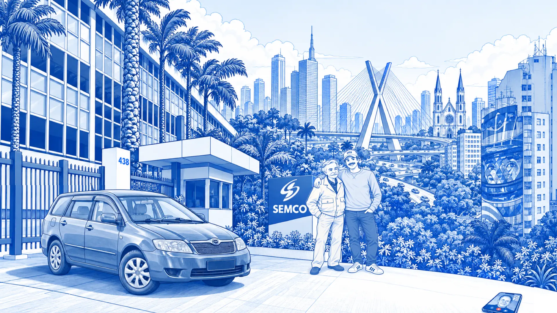 Clovis Bojikian and the host by the SEMCO sign in São Paulo beside a silver station wagon, palm trees and the city skyline behind.