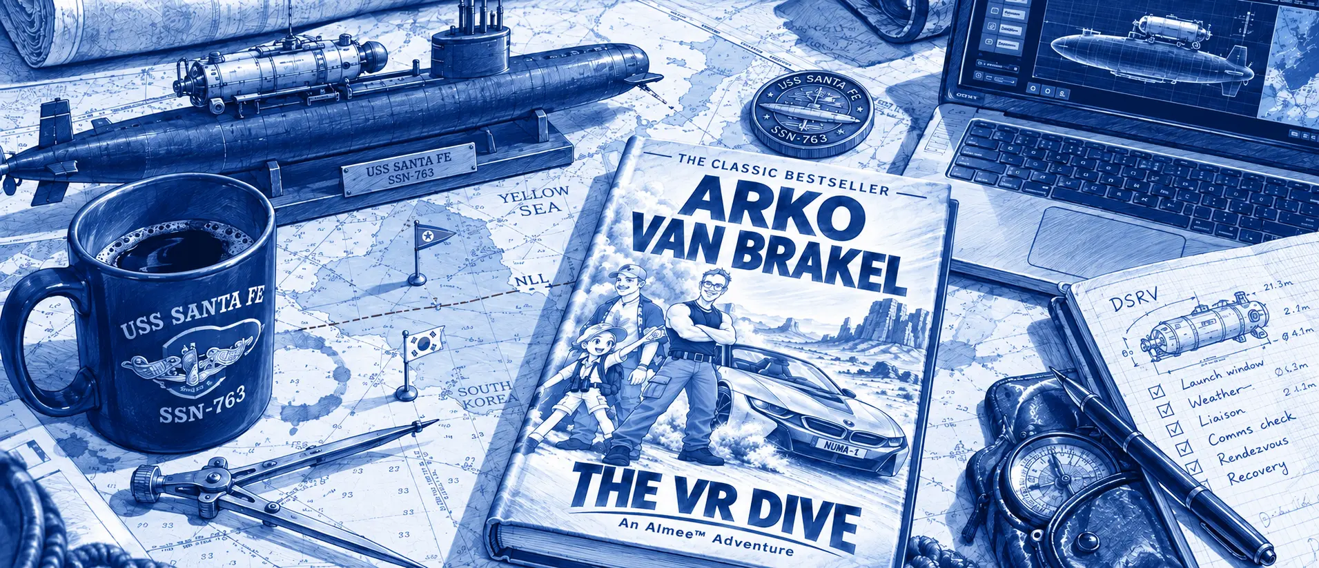 A desk with a USS Santa Fe submarine model, coffee mug, sea charts and a book titled 'Arko van Brakel: The VR Dive' showing the hosts beside a BMW i8.