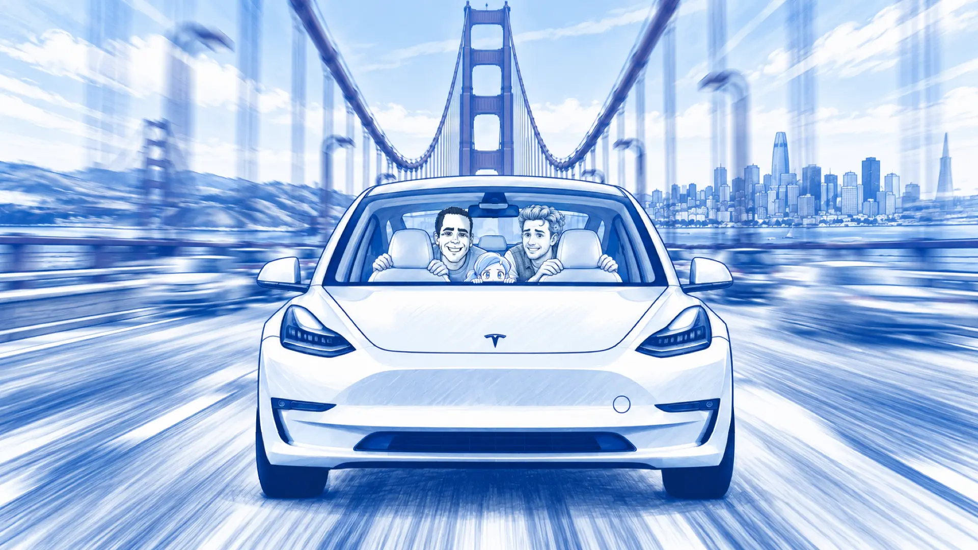 Ori Brafman and the host racing a white Tesla across the Golden Gate Bridge, the San Francisco skyline behind.
