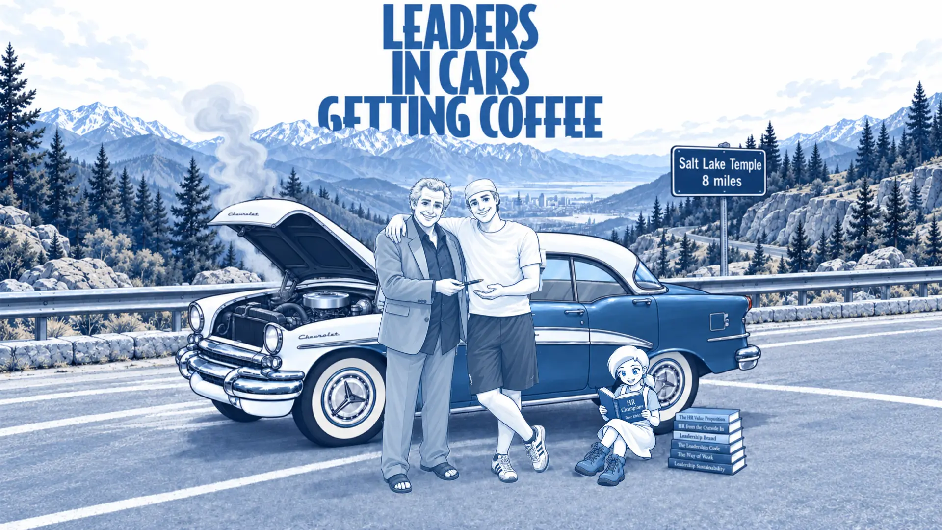 Dave Ulrich and the host beside a steaming classic Chevrolet near Salt Lake City, a child reading HR Champions.