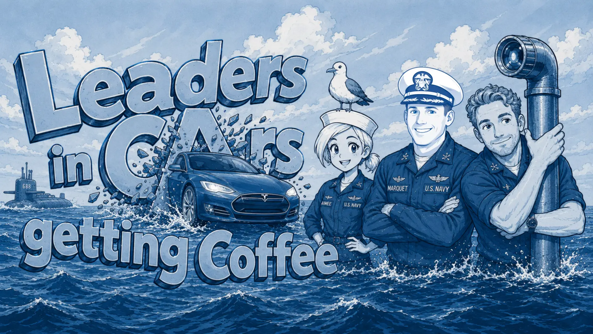 David Marquet and crew in navy uniforms rising from the sea beside a Tesla and a periscope.
