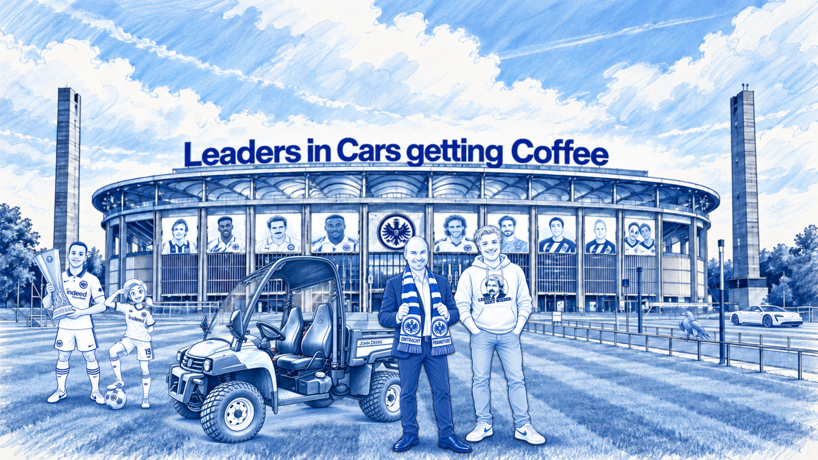 Marcus Bingenheimer in an Eintracht Frankfurt scarf beside the host and a John Deere Gator outside the Frankfurt stadium, kids holding the Europa League trophy.