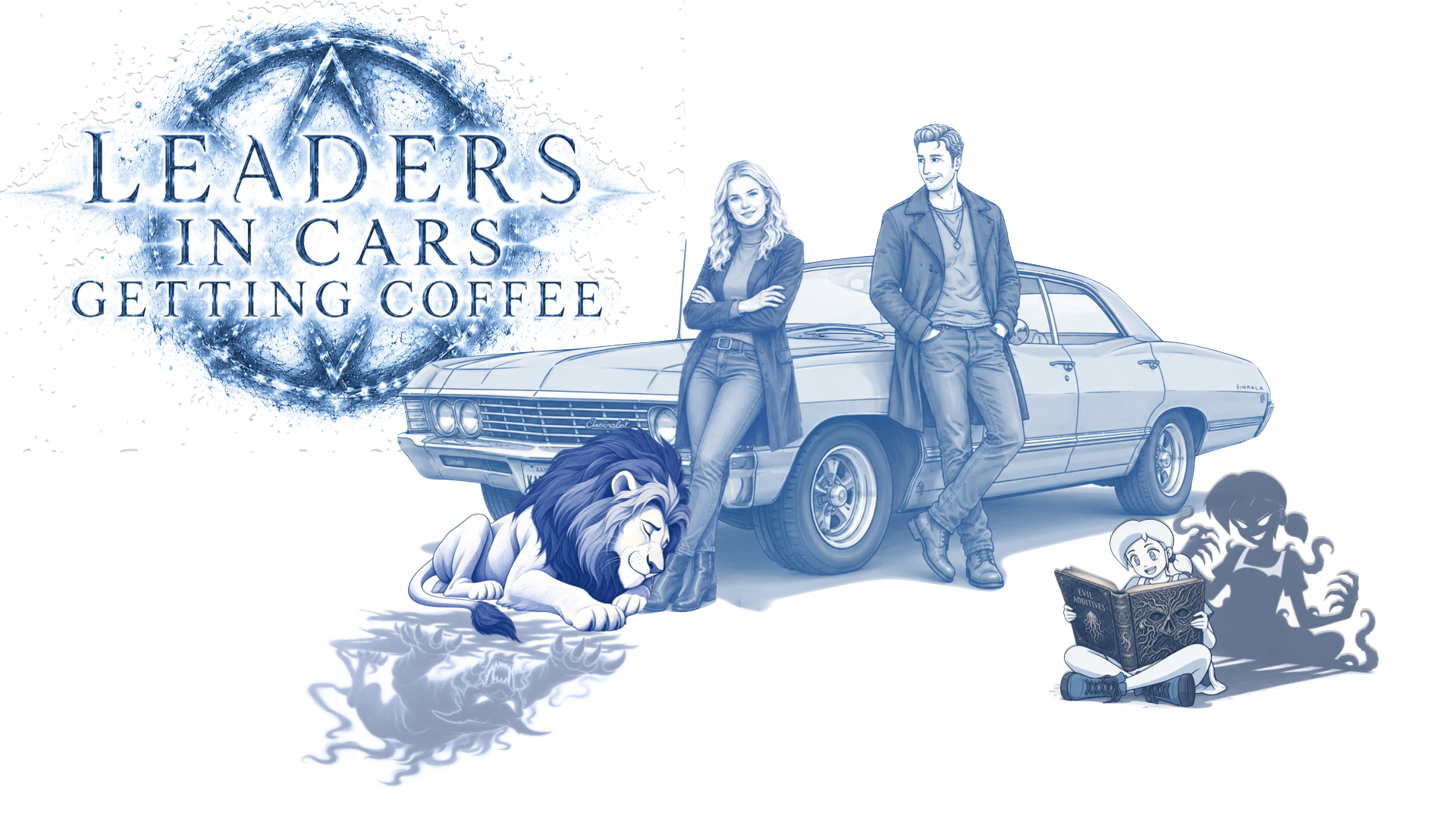 Victoria Noack and the host leaning on a classic Chevrolet Impala, a sleeping lion casting a monster shadow, a child reading 'Evil Additives'.